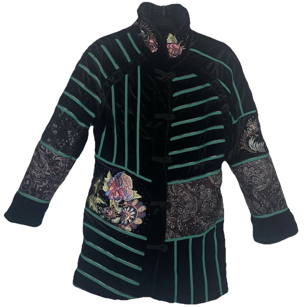 Black Velvet Embroidered Chinese Jacket Womens‎ Sz S Rhinestone Fleece Warm Cozy